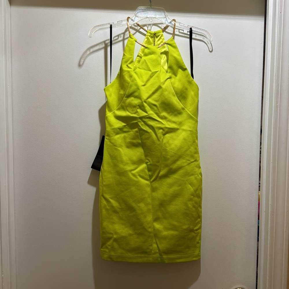 BEBE lime yellow keyhole neck dress